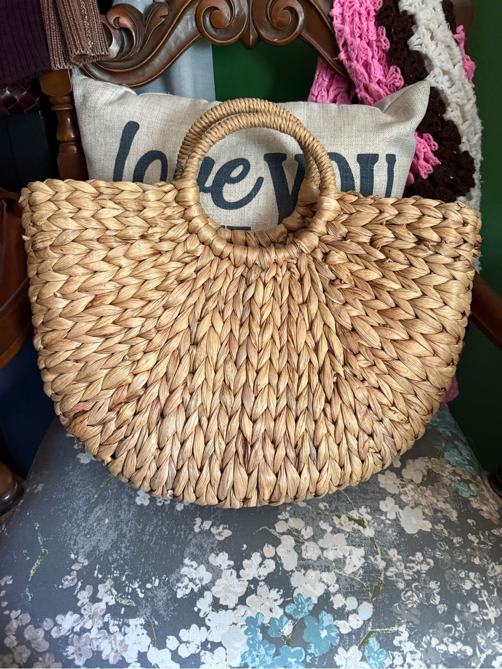Natural Woven Straw Tote Bag with Round Handles - Picture 2 of 5
